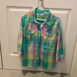 Pretty pastel madras plaid front button blouse with two pockets.